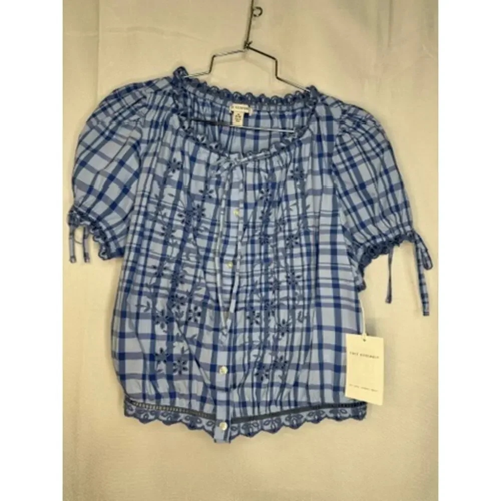 414. Free Assembly Blue Gingham Top & Denim Skirt Set Size 10-12 NWT - Picture 2 of 7